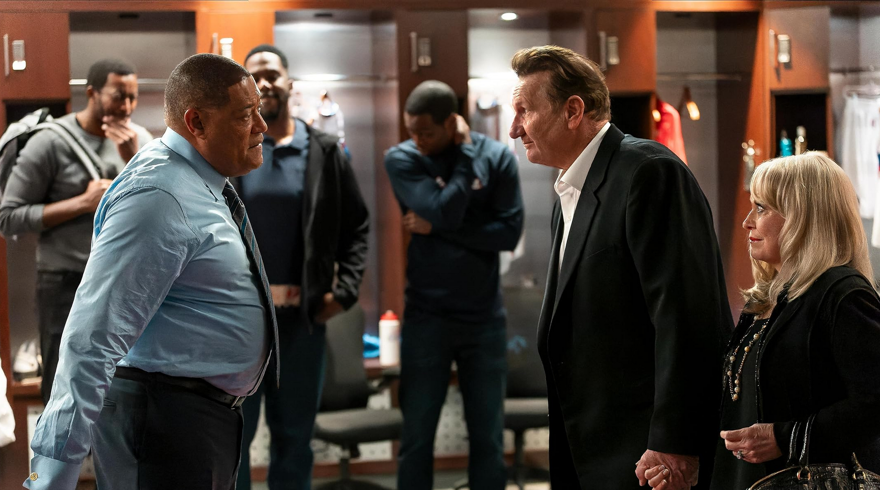 Laurence Fishburne as Doc Rivers and Ed O'Neill as Donald Sterling fighting in the Clippers locker room in 'Clipped'