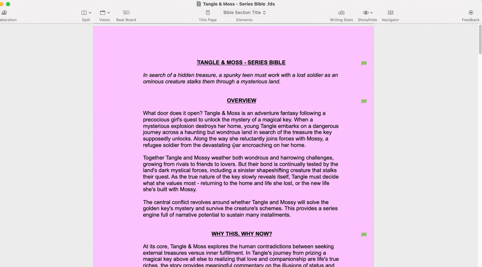 A bright pink color Series Bible page on Final Draft 13
