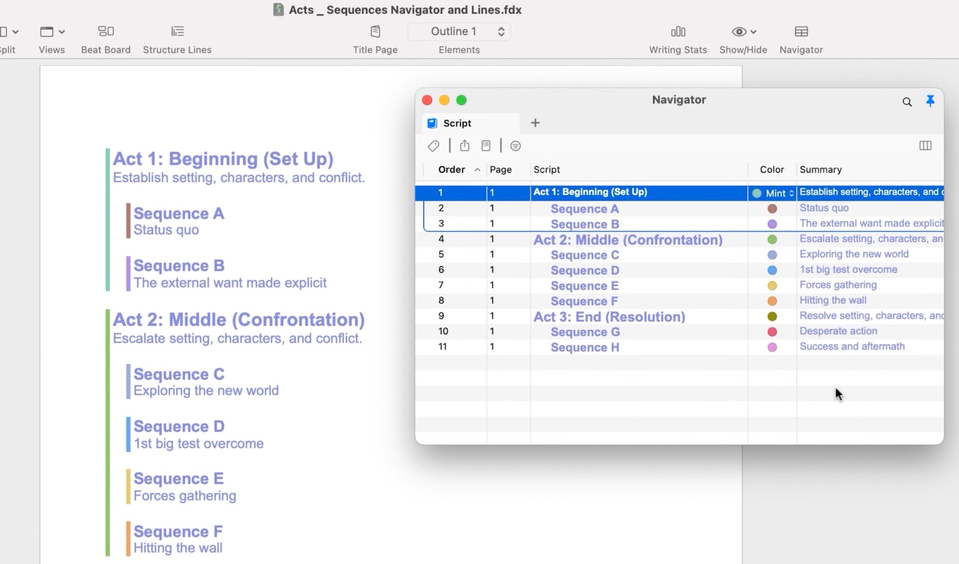 Colored structure lines on Final Draft 13 and the Navigator showcasing the colors of each act and scene