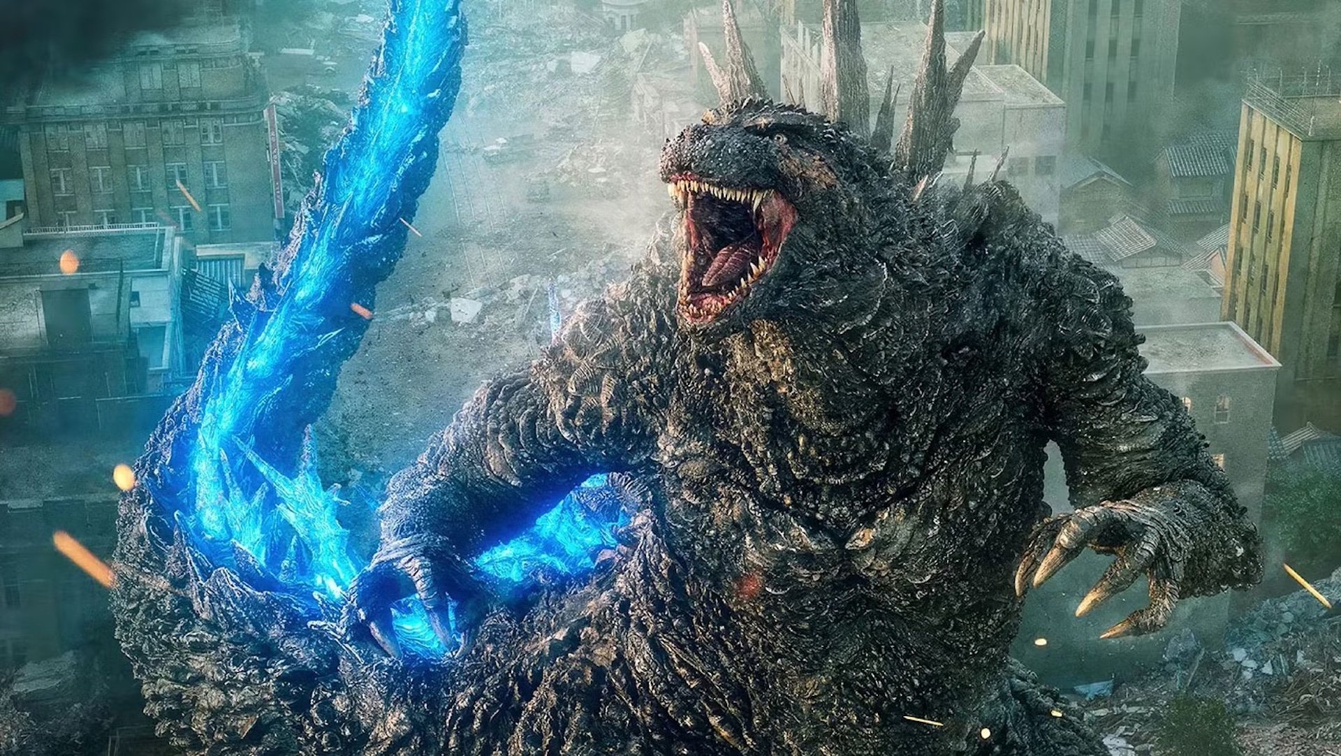 Godzilla roaring as his tail lights up in 'Godzilla Minus One'