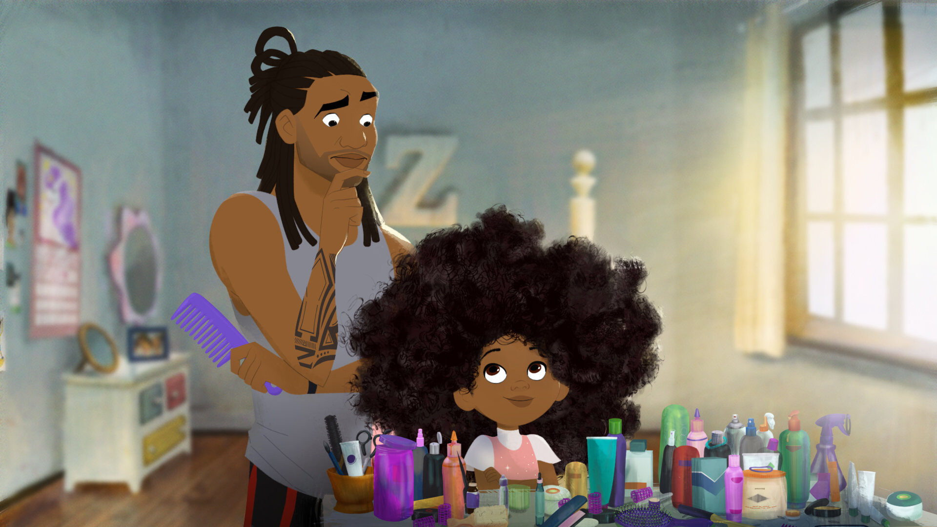 A father attempting to style his daughters hair in 'Hair Love'