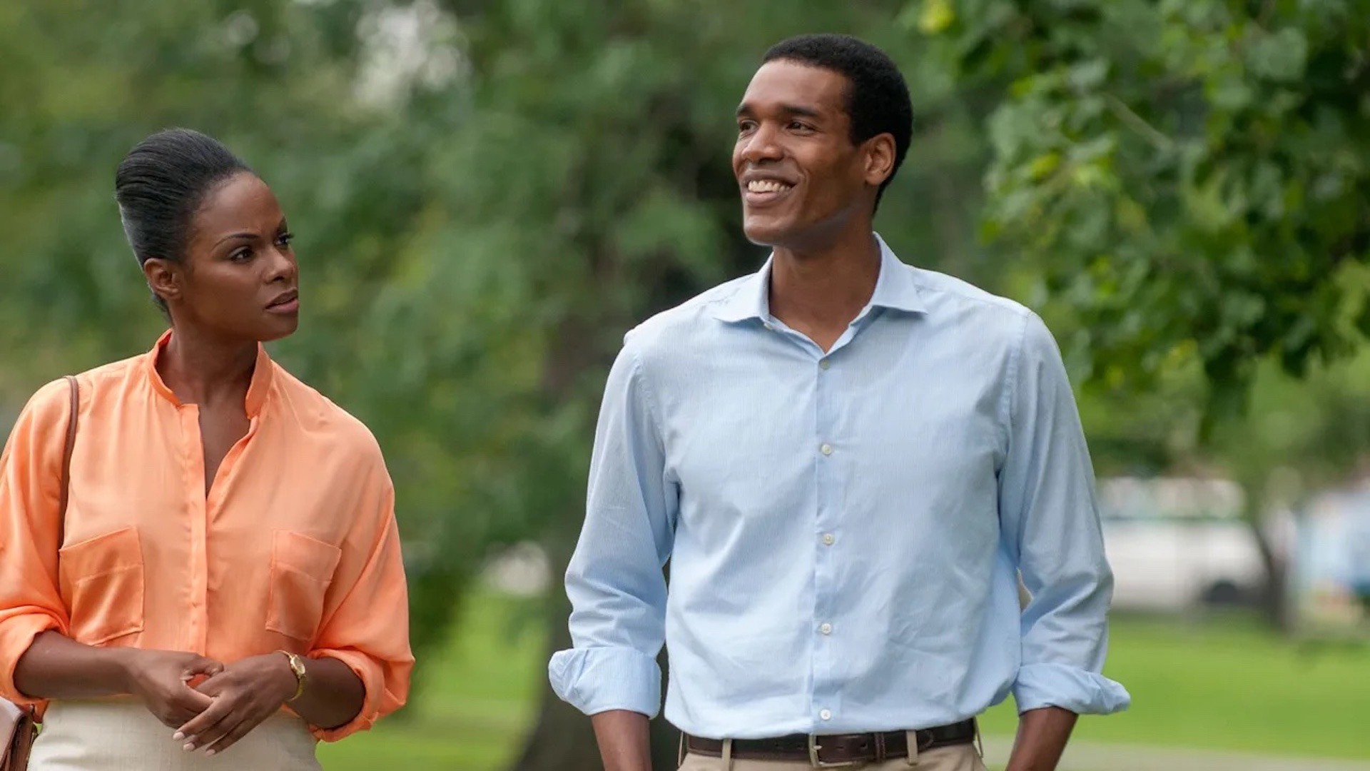 Parker Sawyers as Barack Obama and Tika Sumpter as Michelle Robinson walking and talking in 'Southside with You;' Punching Above Your Weight: How 'I Play Rocky' Makes a Case for Writing Biopics