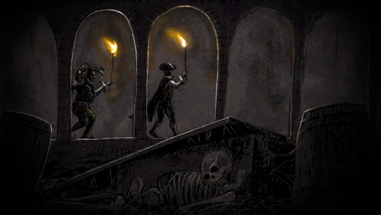 A drawing of two people walking through the tombs in 'The Cask of Amontillado,' How To Outline Your Short Story