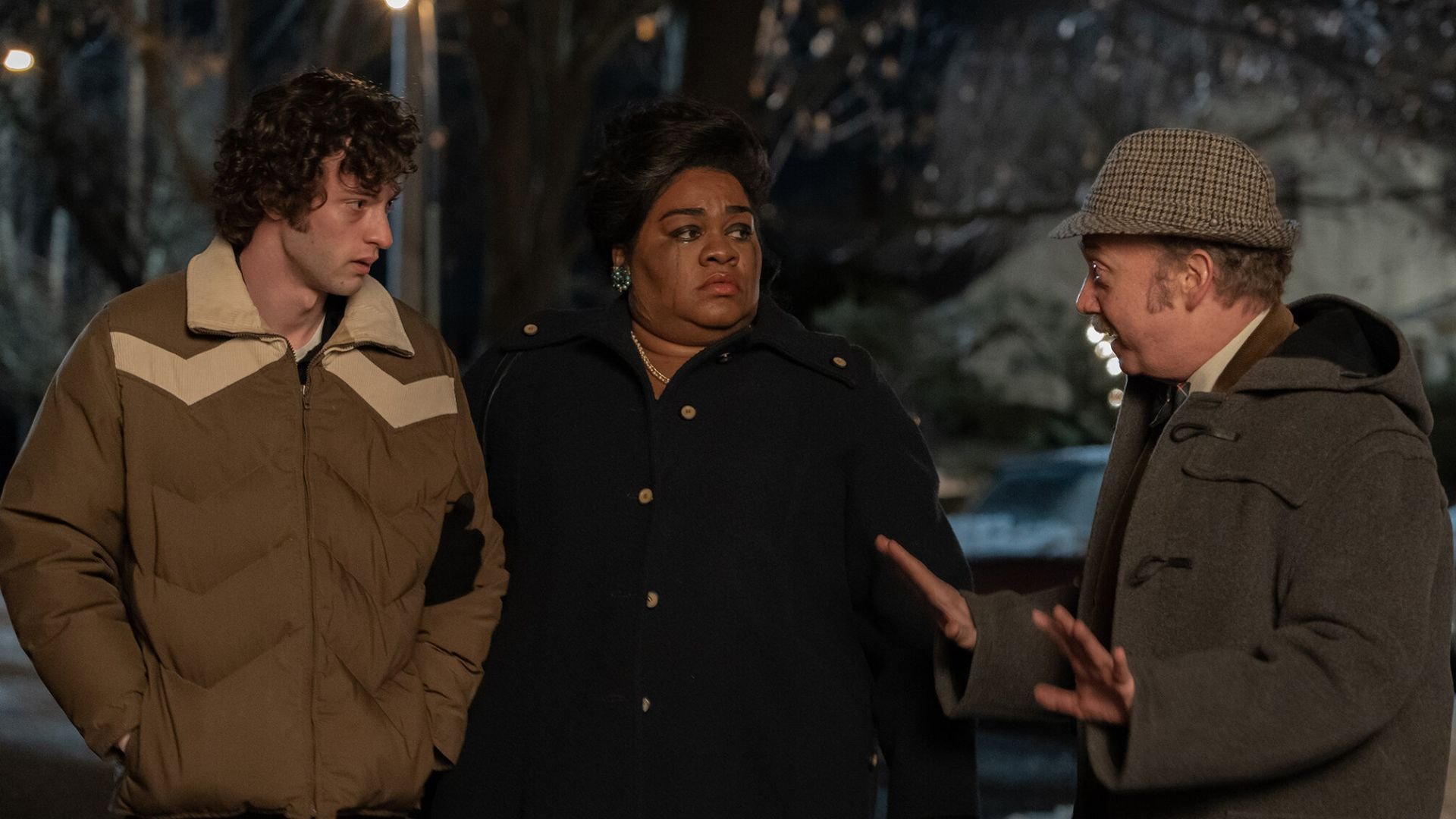 Paul Giamatti as Paul Hunham talking to Dominic Sessa as Angus Tully and Da'Vine Joy Randolph as Mary Lamb outside a party in 'The Holdovers,' 7 Great Oscar Nominated Scripts You Should Read