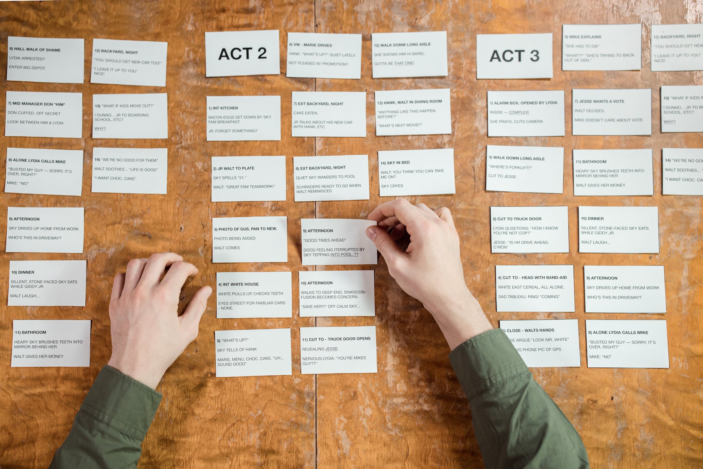 Top View of Man Putting Cards with Text of Acts of a Play on a Table, See the Big Picture in Your Screenplay with Final Draft 13's Powerful New Tool