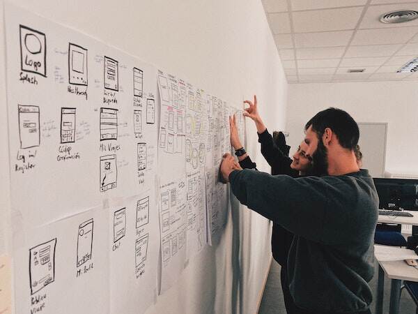 A team working by placing images on a white wall
